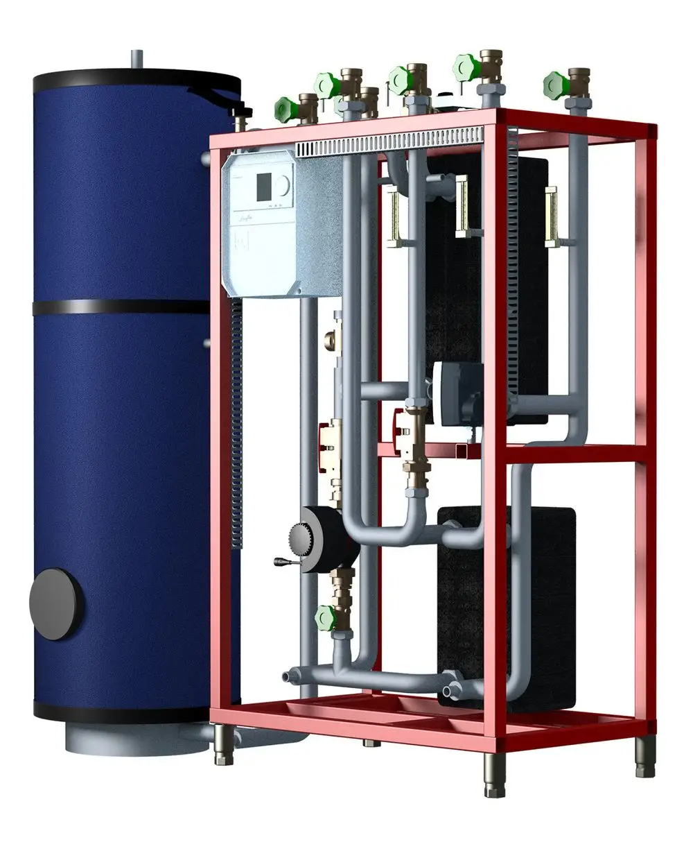 Danfoss-Trennwand mit einem blauen Wassertank und rotem Gestell. Sichtbare Rohre und Ventile zur Regulierung des Wasserdurchflusses.